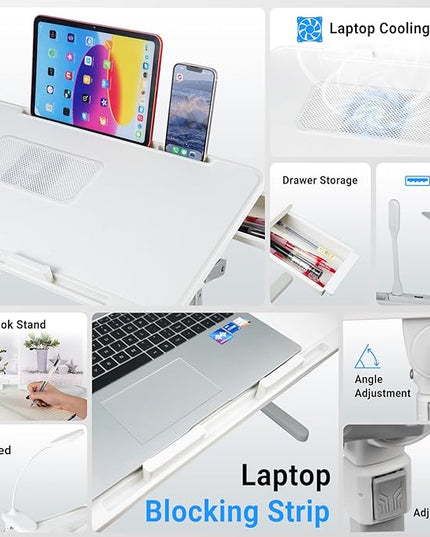 iXTRA Laptop Lap Desk with Cooling Fan - Adjustable with Light, USB, Storage Drawer - Folding Bed Desk,22.04"*12.59",White