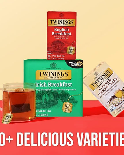 Twinings Irish Breakfast Black Tea Individually Wrapped Bags, 50 Count (Pack of 6), Flavourful, Bold, Robust, Caffeinated, Enjoy Hot or Iced, 300 Teabags