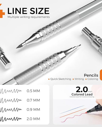 35Pcs Art Mechanical Pencil Set with Case, 0.5 0.7 0.9 2.0 Graphite Metal Drawing Drafting Pencils, Sharpener Erasers 384PCS Lead Refills (6B 4B 2B HB 2H 4H Colors)Pencils for Writing Sketching,Silver
