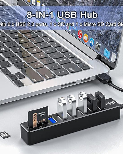 USB Hub with SD/TF Card Reader, VIENON 8 in 1 USB Extender USB Splitter with SD/Micro SD Memory Card Reader and 6 USB 2.0 Ports for PC, Laptops, Surface Pro, MacBook, iMac Pro-3FT