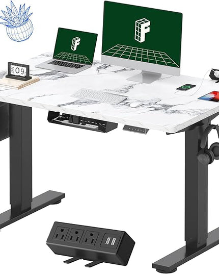 FLEXISPOT EN2 Whole-Piece Standing Desk with Clamp Power Strip, 48 x 30 Electric Stand Up Height Adjustable Desk with Cable Management (Black Frame + 48" Marble Gray, 2 Packages)