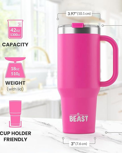 Beast 42 oz Tumbler with Handle Stainless Steel Vacuum Insulated Coffee Ice Cup Double Wall Travel Flask (Cupcake Pink)