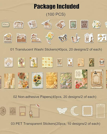 Esweny 100 PCS Vintage Ephemera Pack Journaling Scrapbooking Supplies Scrapbook Sticker Paper Kit for Junk Journal Planners Collage Craft Notebooks Decoupage Album (Sunflower)