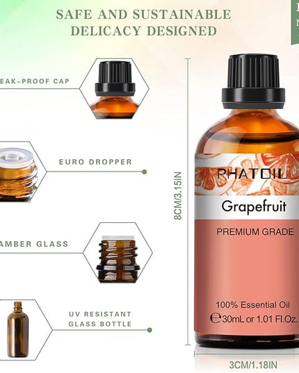 Grapefruit Essential Oil, 1.01Fl.Oz (30ML) PHATOIL Pure Essential Oil Singles for Aromatherapy Diffusers, Humidifiers, Great for DIY Candle and Soap Making, Gift for Friend