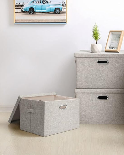 Large Quart Collapsible Stackable Storage Bins with Lids, 3 Packs Beige Linen Fabric Closet Boxes with Lids, Storage Cube Baskets Container Organizers for Bedroom Office(16.6 x 11.7 x 10.8)