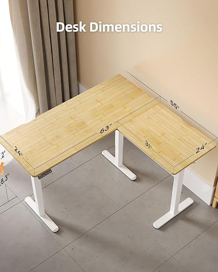 Claiks L Shaped Standing Desk Adjustable Height, Dual Motor Electric Corner Standing Desk, 63x55 inch with Splice Board, Bamboo
