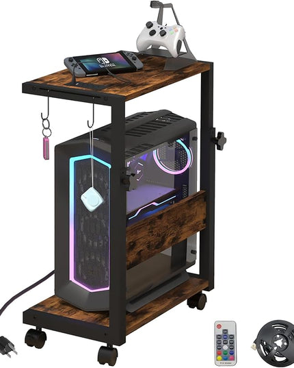 Computer Tower Stand with LED Light Strip,Mobile Rolling CPU Holder,Height Adjustable PC Tower Stand with Charging Station for Office Home (Rustic Brown)