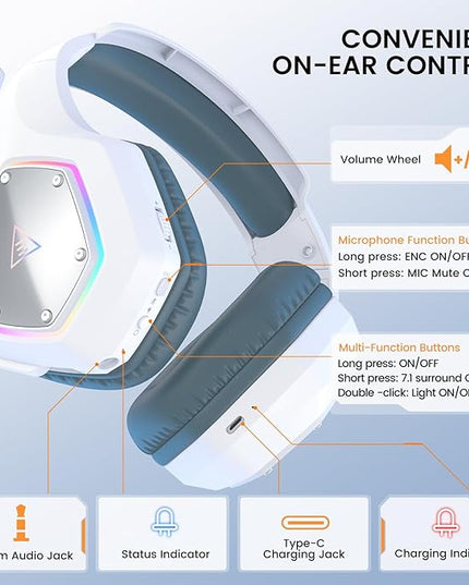 EKSA E1000WT Wireless Gaming Headset,2.4GHz USB Gaming Headphones with Microphone for PC, PS5, PS4, Nintendo Switch, 7.1 Surround Sound Headset, RGB Light, Ergonomic Design for Birthday Gift