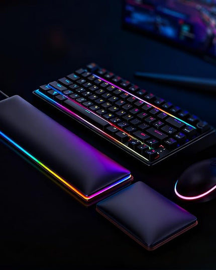 ASFSKY RGB Keyboard and Mouse Wrist Rest Set – Ergonomic Wooden Wrist Support Pad with PU Leather & Memory Foam, Anti-Slip Rubber Base Wrist Cushion for Gaming, Office & Typing Pain Relief
