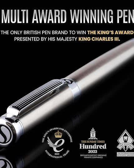 Scriveiner Stainless Steel Fountain Pen - Stunning Luxury Pen with Steel Finish, Schmidt Steel Nib (Fine), Best Pen Gift Set for Men & Women, Professional, Executive Office, Nice Designer Pens