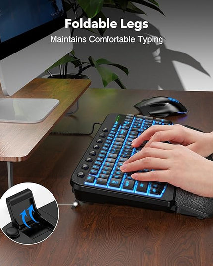 SABLUTE Ergonomic Keyboard, USB Wired with Cushioned Wrist & Palm Rest, 7-Color Backlit Adjustable Brightness for Windows, macOS, Desktop, Laptop & PC