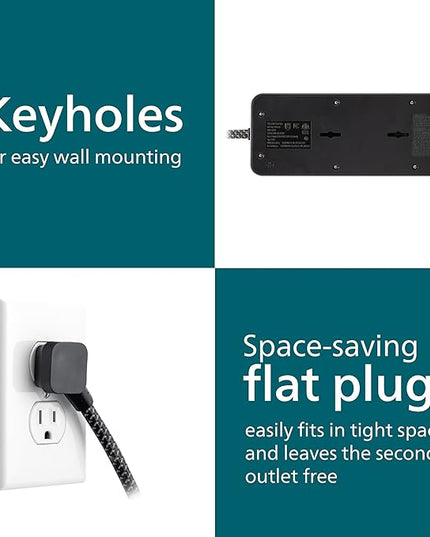 Philips 7-Outlet Surge Protector Power Strip with USB, 1 USB-A, 1 USB-C, 6 Ft Braided Extension Cord, Mutli Plug Outlet Extender, Adapter-Spaced, Charging Station, 15W, 1500 Joules, Black, SPP3703B/37