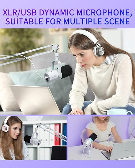 FEELWORLD PM1 XLR USB Dynamic Microphone Gifts for Podcast Recording PC Computer Gaming Live Streaming Vocal Voice-Over, Studio Metal Mic with RGB Light, Mute Button, Headphones Jack (White)