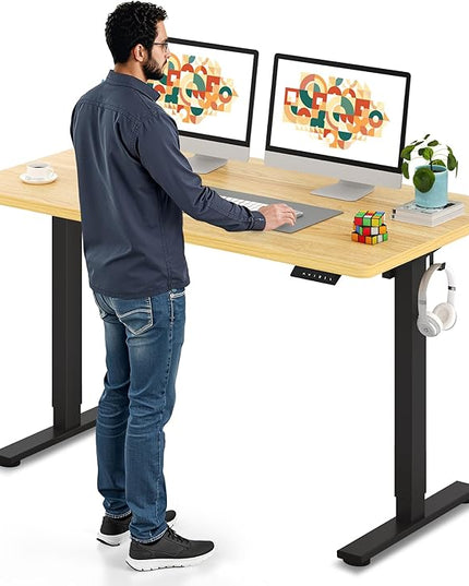 SANODESK Electric Standing Desk 55 x 28 Inches Whole-Piece Desktop Height Adjustable Stand Up Desk w/6-Button Controller Ergonomic Computer Desk for Home Office, Black Frame + Natural Tabletop