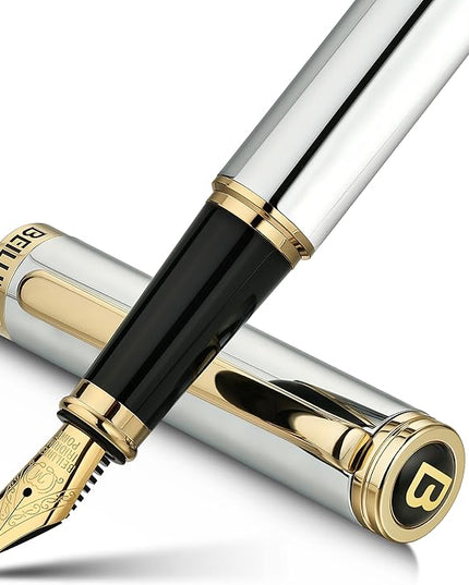 BEILUNER Silver Chrome Fountain Pen,Stunning Luxury with 24K Gold Accents, Gorgeous 24K Gilded Nib(Medium), Fancy Pen Gift for Men&Women -Ink Converter-Elegant, Office,Nice Pen for Writing