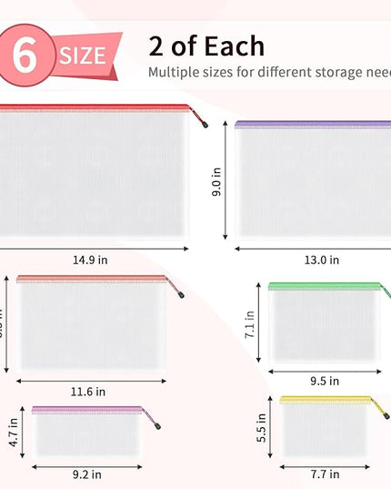 Umriox Zipper Bags, 6 Assorted Size (6 Colors, 12 Packs), Project Bags for Cross Stitch, Mesh Zipper Pouch for Office Supplies Travel Accessories and Board Games Storage