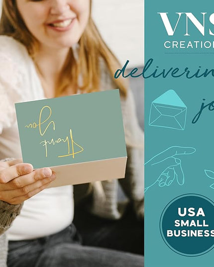 VNS Creations Gold Foil Thank You Cards With Envelopes Bulk Set & Stickers - 100 Pack 4x6 Blank Thank You Notes - Large Note Card Small Business, Wedding, Baby Shower & Bridal Shower - Granite Green