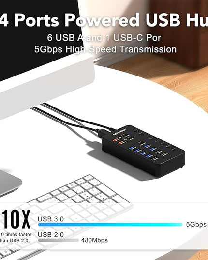 Powered USB Hub,14 Ports USB Data Hub Splitter with 6 USB 3.0 Port,4 Charging Port,1 USB-C 3.0 Data Port,1 PD 60W Charging Port w LED Individual On/Off Switches for MacBook,Mac Pro,Laptop/PC