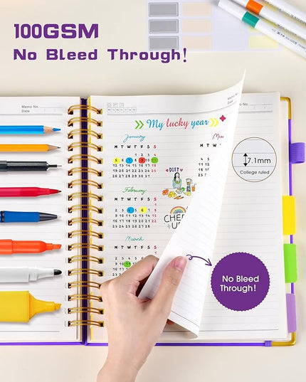 Hardcover Spiral Notebook Journal with Removable Dividers Tabs, 300 Pages Leather 5 Subject Notebook College Ruled, 8"x10" Large Notebooks for Work School Note Taking, Journal for Women, Dark Purple
