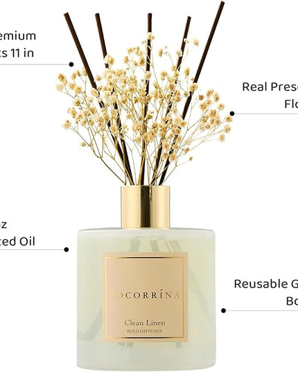 COCORRÍNA Reed Diffuser - Clean Linen 17 Fl.oz Reed Diffuser with 8 Sticks Scented Diffuser with Preserved Flowers for Bathroom Home Decor