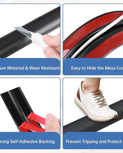 Floor Cord Cover Self Adhesive Cord Hider Floor Extension Cord Covers for Floor Power Cord Protector Cable Management Prevent Cable Trips Cable Cavity 0.51" W x 0.31" H (Black, 20Ft)