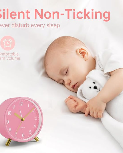 Analog Alarm Clock, 4 inch Super Silent Non Ticking Small Clock with Night Light, Battery Operated, Simple Design, easy setting for Office, Bedroom, Bedside, Desk, teens, elders, kids, adult, Pink