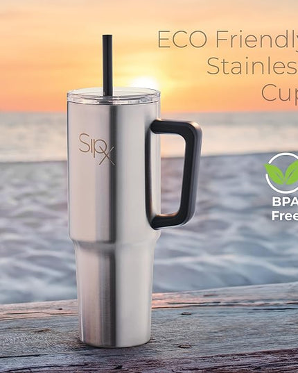 SIPX™ 40 oz Insulated Tumbler with Handle & Straw – Vacuum Insulated Stainless Steel, Leakproof, Cupholder Friendly – Perfect for Iced Coffee, Water & Travel – Stainless