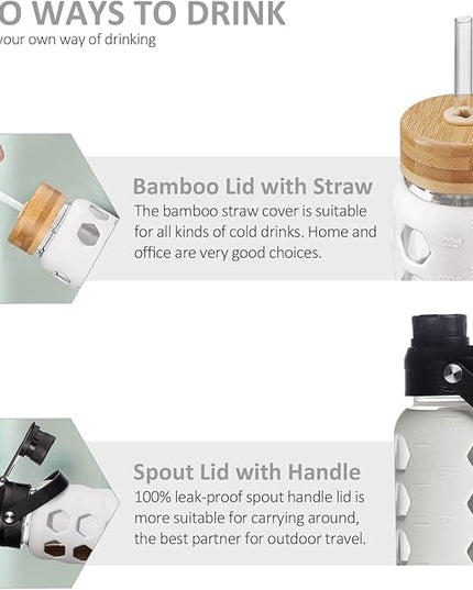 MUKOKO 32oz Glass Water Bottles with 2 Lids-Handle Spout Lid&Bamboo Straw Lid, Motivational Water Tumbler with Time Marker Reminder and Silicone Sleeve, Leakproof-White-1 Pack