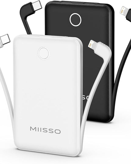 10000mAh Mini Portable Charger with Built in Cable, Pocket Size Power Bank Travel External Battery Pack for Phone, 3 Output USB Type C Cord Clutch Compatible with iPhone, Samsung, 2 Pack Black & White