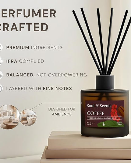 Soul & Scents Reed Diffuser Set – Coffee | 7.43 oz Refillable Scented Oil with 6 Fiber Sticks | Long-Lasting Home Fragrance & Air Freshener for Bedroom, Bathroom, Office | Gift & Décor Piece