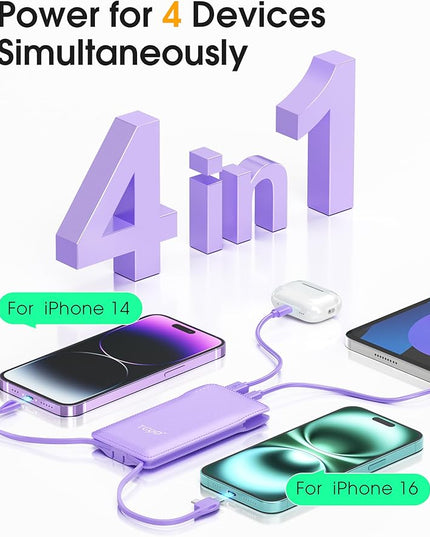 TG90° Portable Charger,10000mAh Power Bank Built-in Cables and AC Wall Plug,USB C Portable Bank,Travel Essentials Phone Charger Compact External Battery Pack Compatible with iPhones,iPad, Samsung