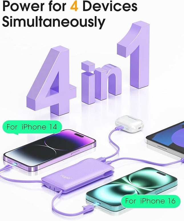 TG90° Portable Charger,10000mAh Power Bank Built-in Cables and AC Wall Plug,USB C Portable Bank,Travel Essentials Phone Charger Compact External Battery Pack Compatible with iPhones,iPad, Samsung