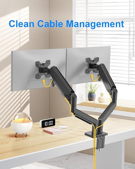 Dual Monitor Stand for 13 to 32 inch Screens, Gas Spring Monitor Arm with Swivel, Tilt, Rotation, Height Adjustable, Desk Mount with C-Clamp and Grommet Base, Each Arm Holds 4.4 to 19.8lbs Screen