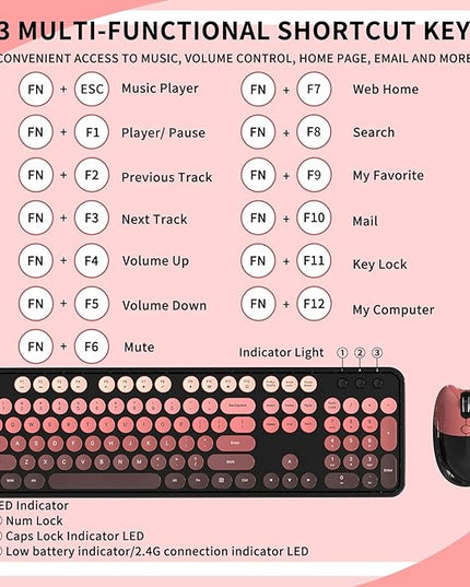 Wireless Keyboard and Mouse, 104 Round Keycaps Retro Typewriter with OTG & Brush, Full-Size Ergonomic, Ideal for Windows PC, Home, Office and College Black Pink