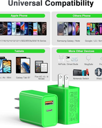 LCGENS 2-Pack USB C Wall Charger, 20W Type C Fast Charger Block Plug Dual Port PD + QC3.0 USB A Charging Brick Cube for iPhone 16/15/14, iPad,Galaxy S25/24, Google Pixel, Motorola,(Bright Green)