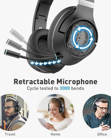 H300 Wireless Headphones Bluetooth with Microphone, Over Ear Headsets with USB Dongle & Mute, Environmental Noise Cancelling Retractable Mic for Work Office Meeting Laptop Computer (Black)