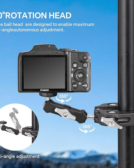 Super Clamp Camera Clamp Mount Monitor 360°Ballhead Magic Arm Double Ball Head Adapter with 1/4"-20 & 3/8"-16 Thread for Canon Nikon DSLR Camera/Gopro/LED Light Ronin-M/Ronin MX/FreeflyMOVI