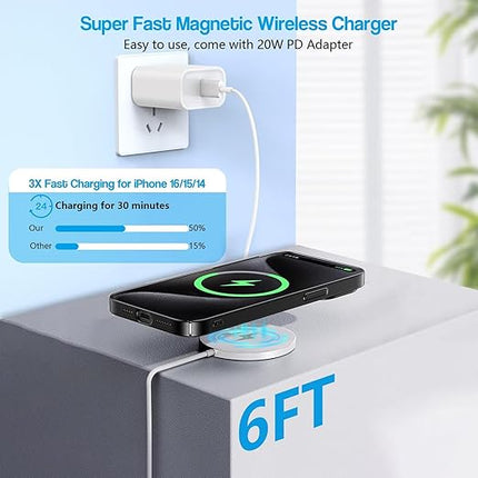 [Apple MFi Certified] Magnetic Wireless Charger for iPhone 16 Pro Max/16 Pro/15/14/13/12/Plus/AirPods 3/2/Pro 2, 6FT Magnet Charge for Apple Mag-Safe Charger Fast Wireless Charging, 2Pack