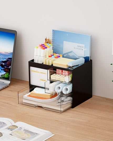 Marbrasse Desk Organizer with 3 Drawer, Multi-Functional Pencil Pen Holder for Desk, Desk Organizers and Accessories with 4 Compartments, Desktop Organizer Storage for Office Home Art Supplies (Black)