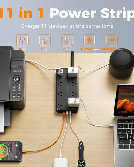 2000J Surge Protector Power Strip, TESSAN 5 FT Extension Cord with Multiple Outlets Flat Plug, 3 USB (1 USB C) and 8 AC Outlets, Wall Mount USB Charging Station for Home Office Supplies, Black