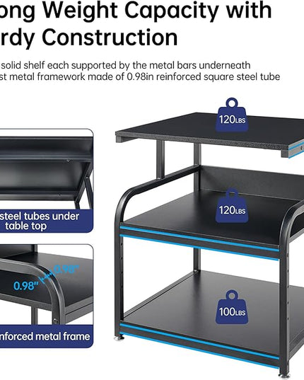 25.6" x 23.6" Extra Large Printer Stand Table with Adjustable Storage Shelf, 3 Tier Rolling Printer Cart with Industrial Wheels for Home Office, Black