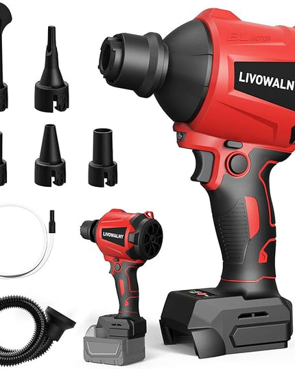 LIVOWALNY Cordless Air Pump Dust Blower Compatible with Milwaukee 18V Battery, Brushless Air Duster Compressed Air Mattress Pump w/ 3 Speeds & 7 Nozzles & 447 MPH/39 CFM for Workshop Cleaning