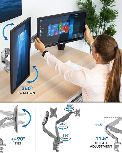 Mount-It! Dual Monitor Arm Mount Desk Stand | 2 x 3.0 USB Ports | Articulating Mechanical Spring Height Adjustable | Fits Two 24 27 29 30 32 Inch VESA 75 100 Compatible Screens | C-Clamp and Grommet