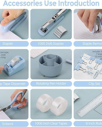 SKYDUE Desk Organizers and Accessories 10Pcs, 360-Degree Rotating Pen Holder, Stapler, Staple Remover, Tape Dispenser,2pcs Tape Refills, Binder Paper Clips Kit, Scissor (Blue)