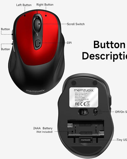 memzuoix Wireless Mouse, 2.4GHz Nano Receiver, 3 DPI Levels (800/1200/1600), 6 Buttons, Compatible with PC/Mac/Laptop - Red