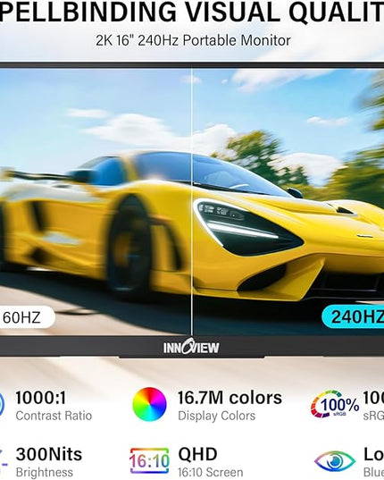 InnoView 16" 240Hz Portable Monitor 2K 2560x1600 100% sRGB Portable Gaming Monitor Supports 120Hz/144Hz/165Hz/180Hz Refresh Rate Monitors Type-C HDMI Laptop Screen Extender for Surface PS5 Switch Xbox