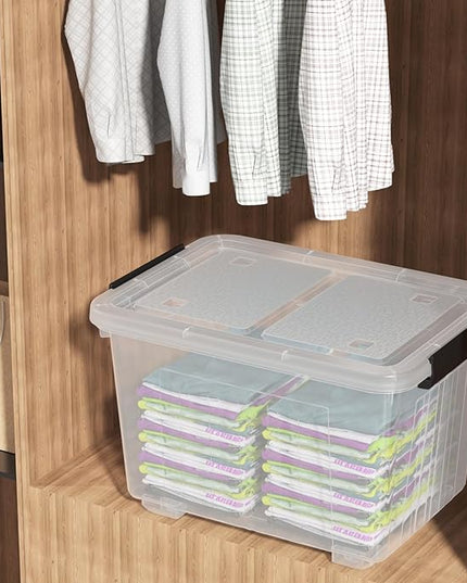 30 Quart Clear Storage Latch Bins, Large Plastic Storage Box with Wheels, 4 Packs