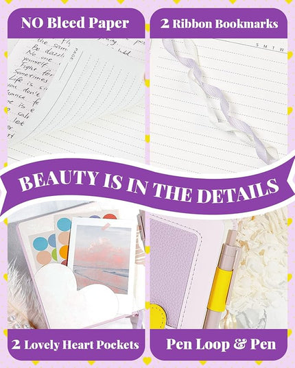 Journal for Women and Girls with Heart Buckle, 240 Pages Girls Diary Journal with Pen for Writing, Cute Daily Writing Journals for Women, Pretty Journaling Hardcover Notebooks(Lavender Purple)