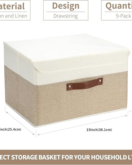 9 Pack Decorative Storage Bins Containers & Fabric Bins with Lids Storage Baskets for Shelves Drawers, Desktop, Closet, Playroom, Classroom, Office, Bedroom, Home, Garage (white/beige, 14.9X10X10)