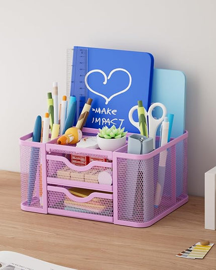 Marbrasse Mesh Desk Organizer, Pen Holder with 2 Drawer, Multi-Functional Pencil Holder, Desk Organizers and Accessories with 5 Compartments + Drawer for Office Art Supplies (Purple)